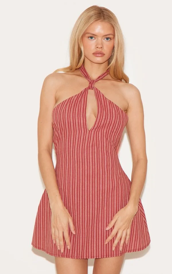 Rust Striped Halterneck Shift Dress