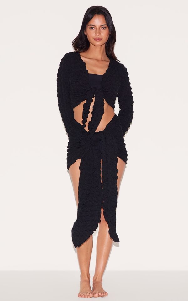 Black Bubble Texture Tie Front Top And Sarong Beach Set