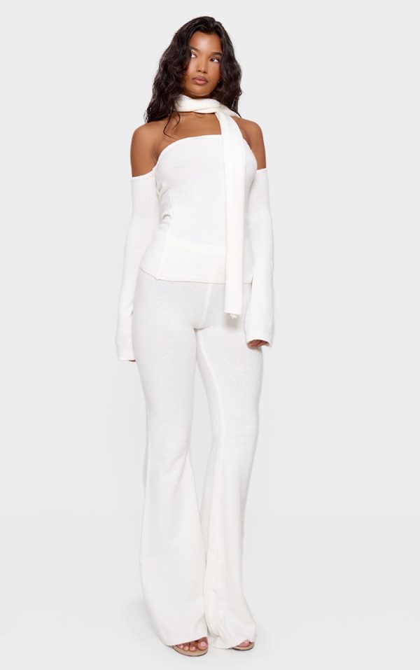 Cream Soft Knit Wide Leg Pants