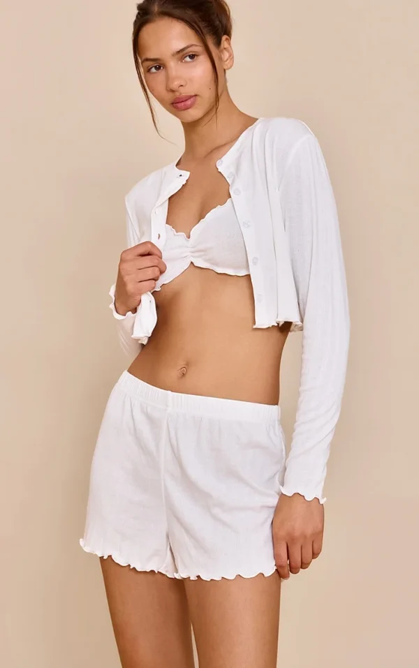 White Pointelle Frill 3 Piece Short Pj Set