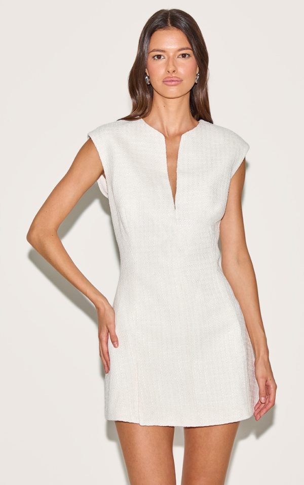Cream Boucle V Neck Shift Dress