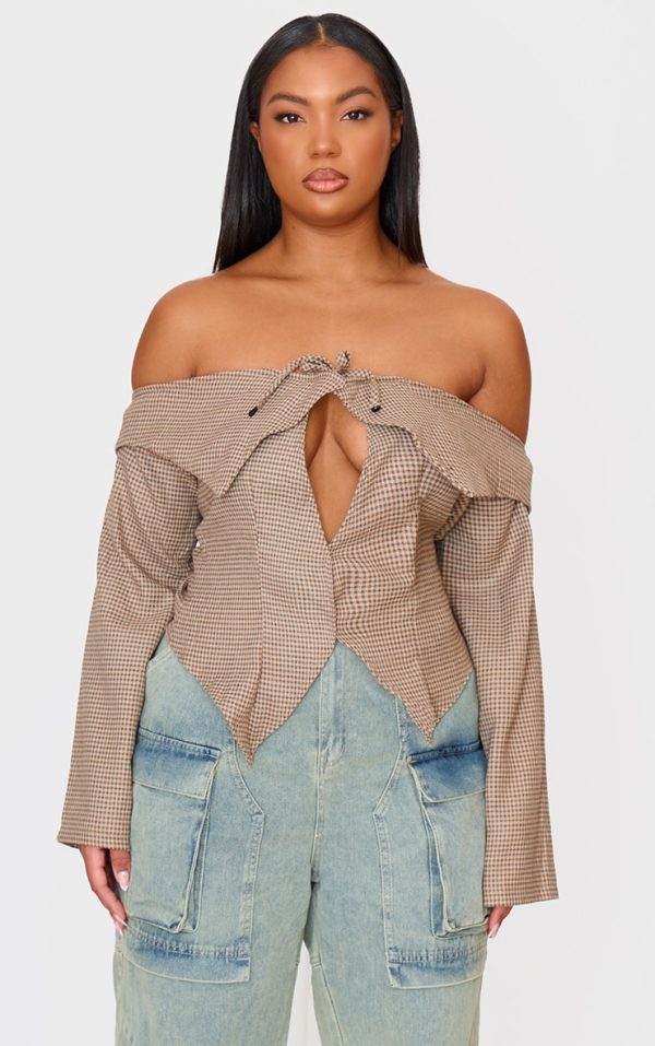 Plus Brown Check Bardot Long Sleeve Top
