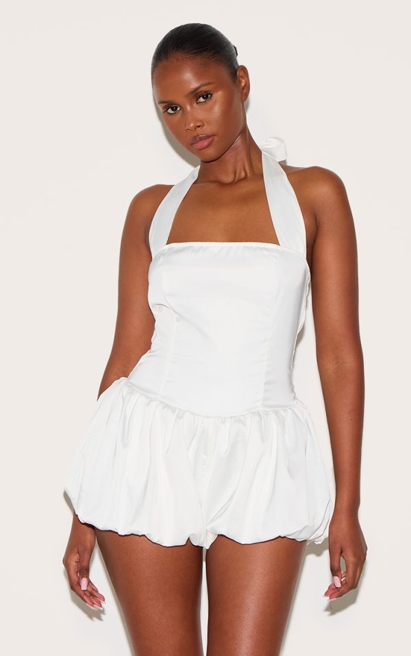 White Satin Halter Neck Puffball Romper