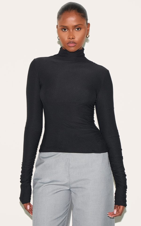 Black Soft Touch High Neck Ruched Sleeve Top