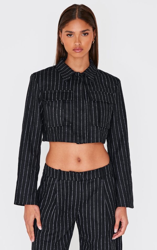 Black Premium Pinstripe Pocket Detail Cropped Shirt