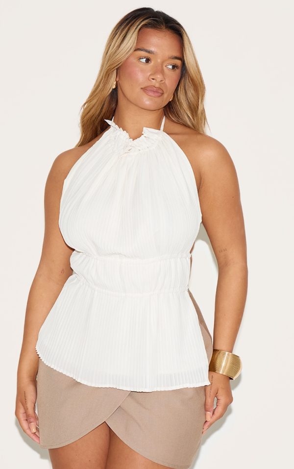 Shape Cream Pleated High Neck Open Back Top