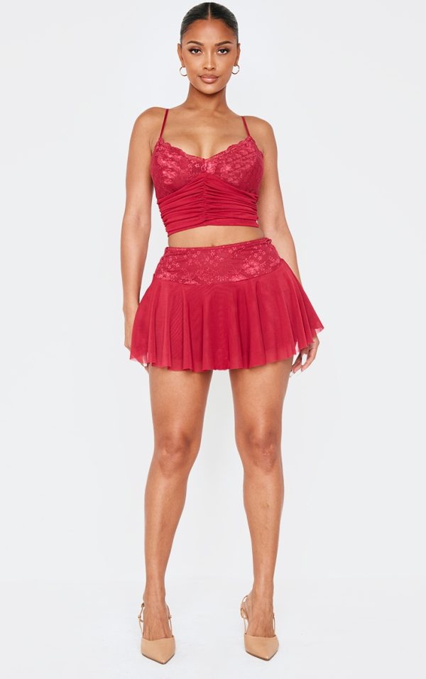 Shape Burgundy Low Rise Lace Insert Flippy Mini Skirt
