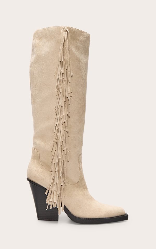 Cream Faux Suede Point Toe Fringed High Block Heel Knee Boots