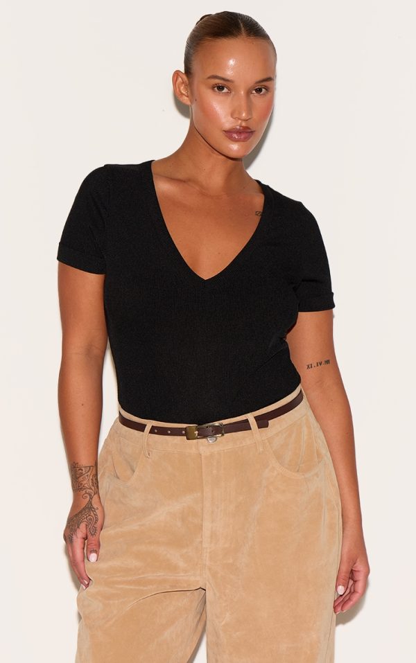 Plus Black Ribbed Plunge Short Sleeve Bodysuit