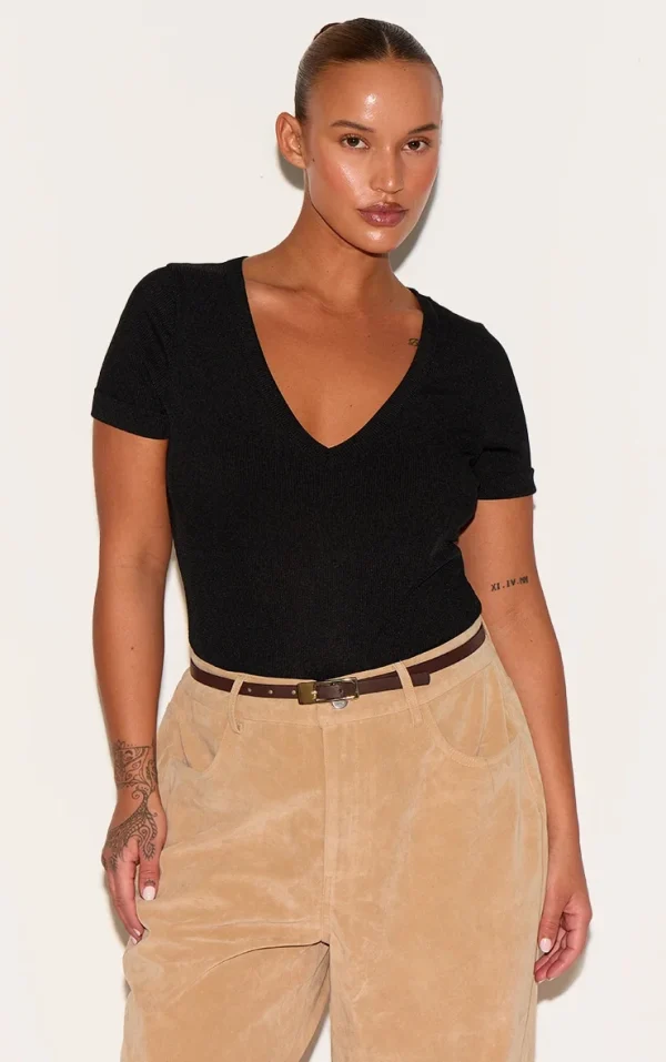 Plus Black Ribbed Plunge Short Sleeve Bodysuit