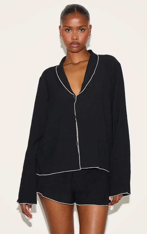 Black Linen Look Textured Contrast Trim Oversized Shirt