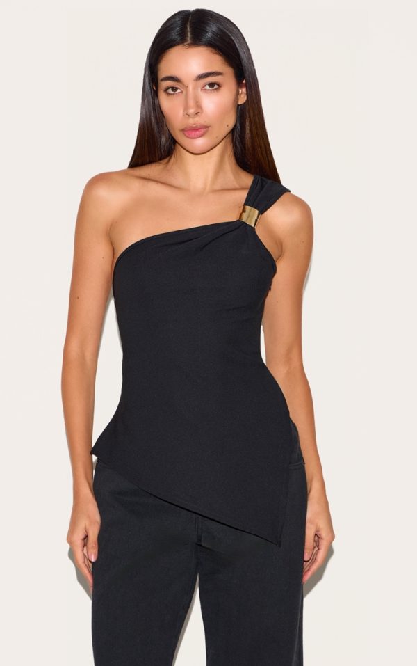 Black Asymmetric One Shoulder Trim Detail Long Top