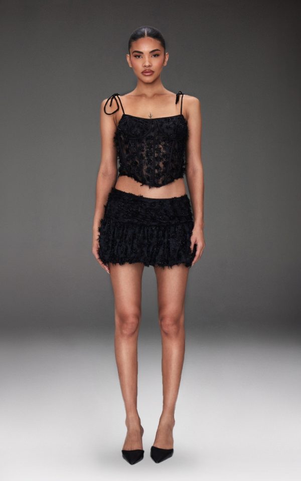 Black Tinsel Lace Puff Hem Skirt