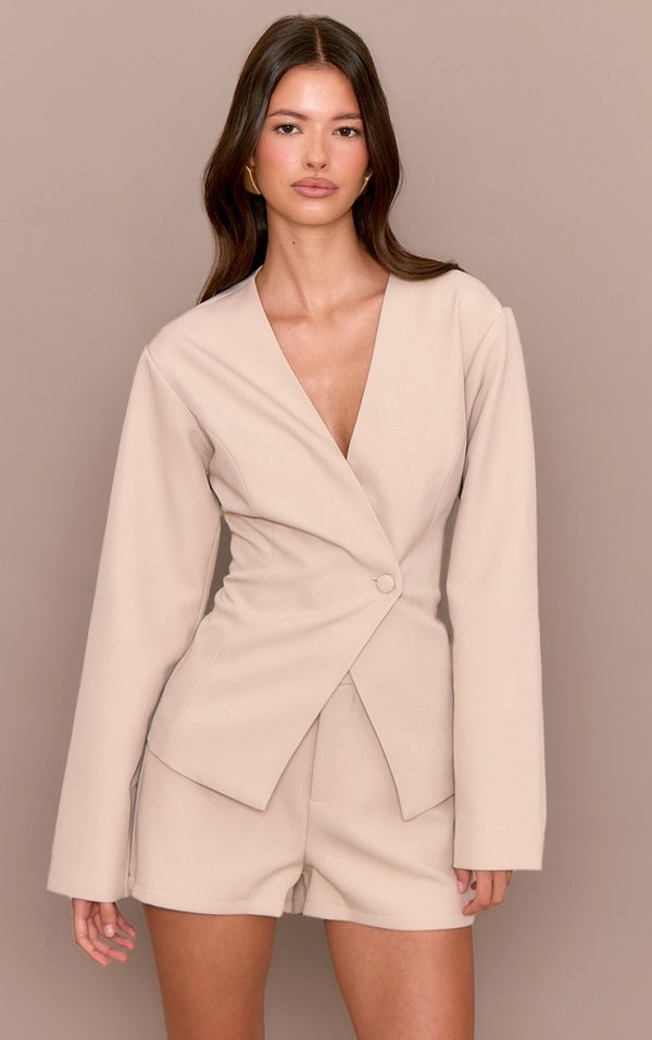 Light Grey Tailored Cinched Waist Asymmetric Blazer
