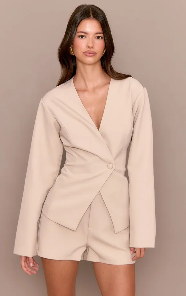 Light Grey Tailored Cinched Waist Asymmetric Blazer