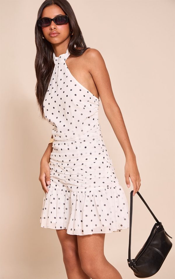 Petite White Polka Dot Chiffon Halter Neck Mini Dress