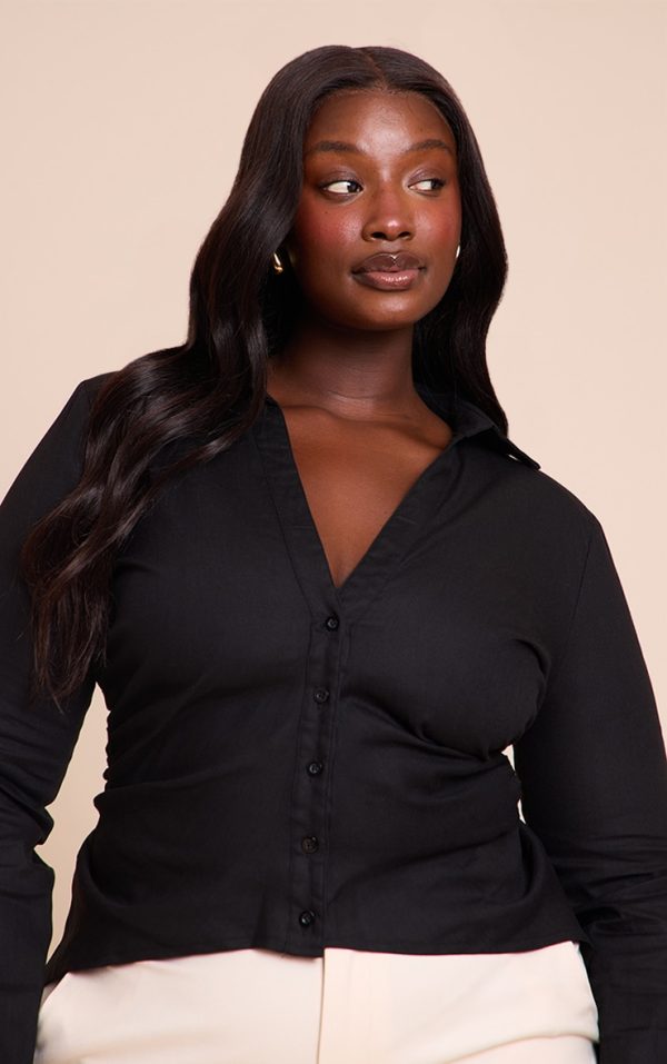 Plus Black Linen Shoulder Padded Fitted Shirt