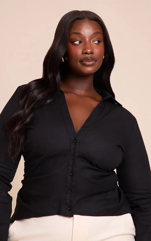 Plus Black Linen Shoulder Padded Fitted Shirt
