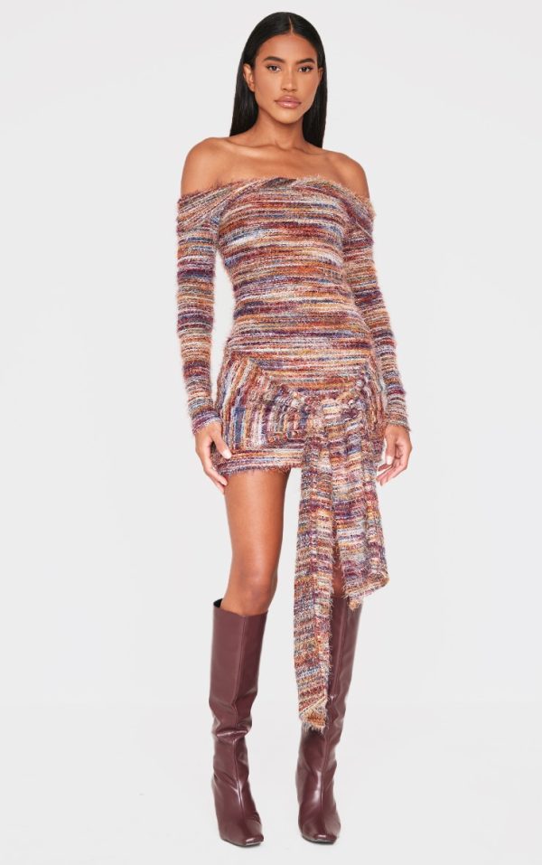 Multi Brushed Textured Bardot Wrap Detail Bodycon Dress