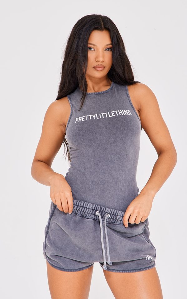 PRETTYLITTLETHING Charcoal Wash Racer Bodysuit