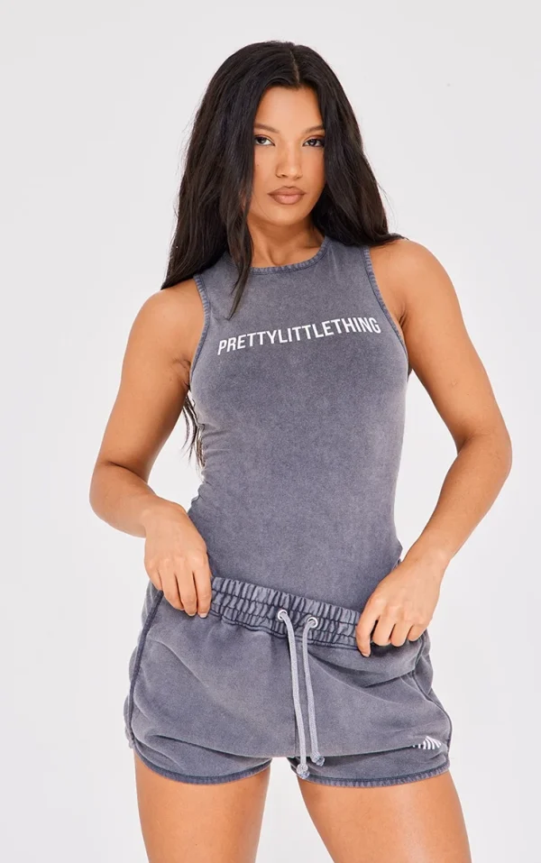 PRETTYLITTLETHING Charcoal Wash Racer Bodysuit