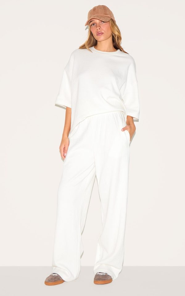 Cream Jersey Mid Rise Wide Leg Pants