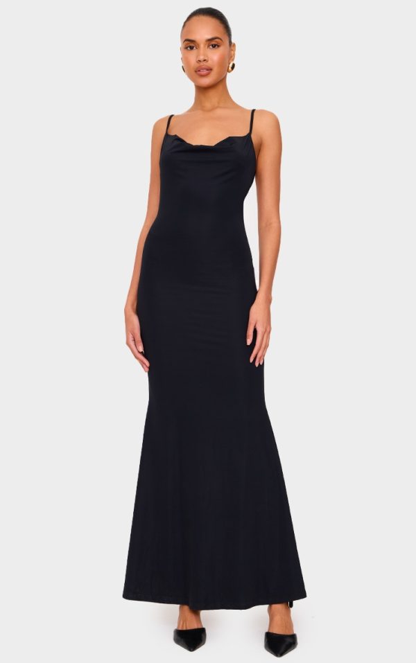 Black Slinky Cowl Neck Lace Insert Detail Maxi Dress