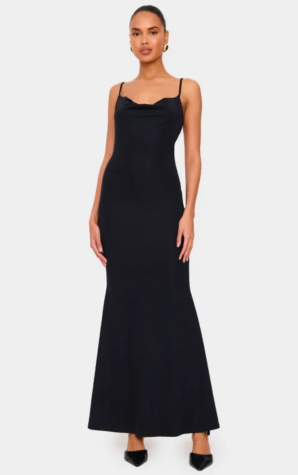 Black Slinky Cowl Neck Lace Insert Detail Maxi Dress