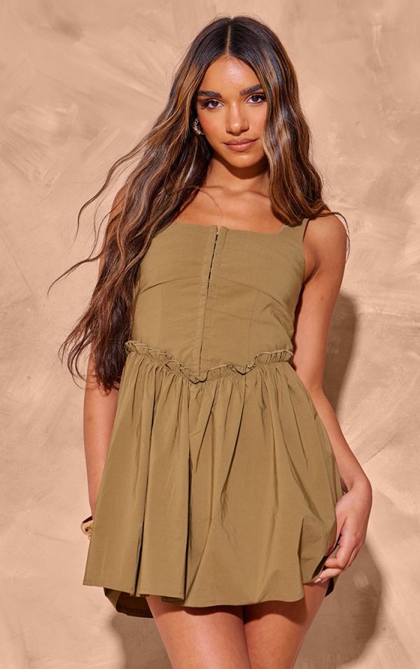 Khaki Hook And Eye Ruched Shift Dress
