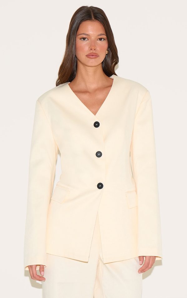 Sand Premium Tailored Collarless Button Up Fitted Blazer
