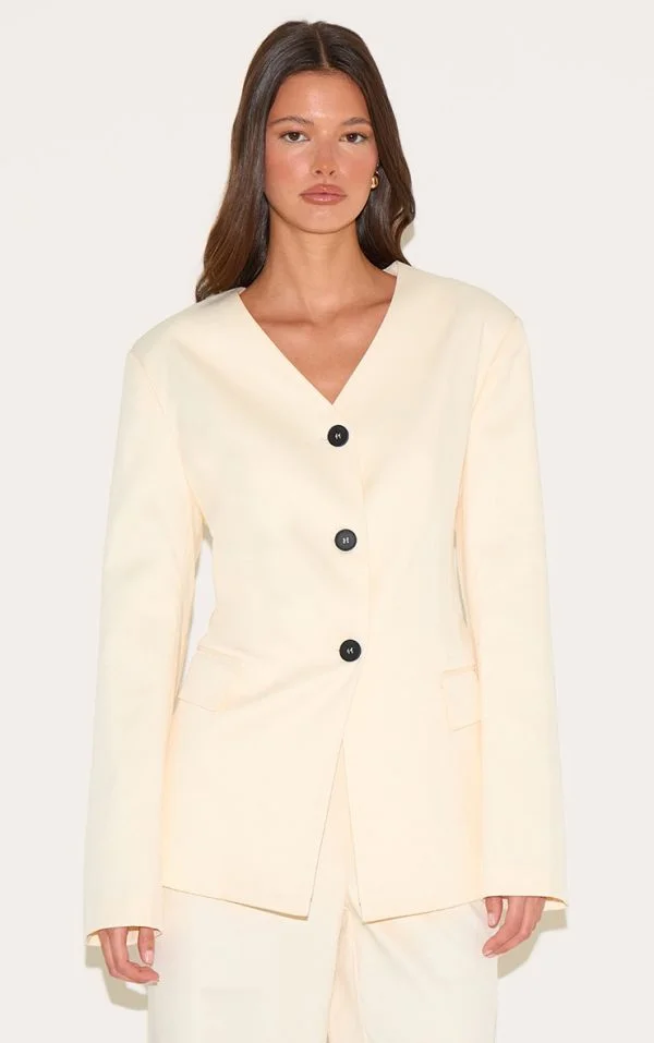 Sand Premium Tailored Collarless Button Up Fitted Blazer