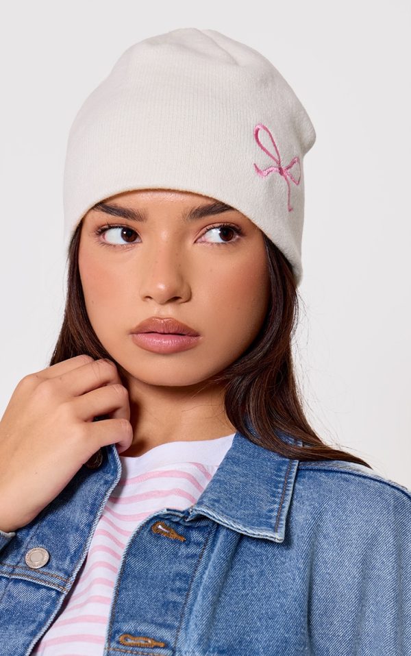 Cream Bow Detail Beanie