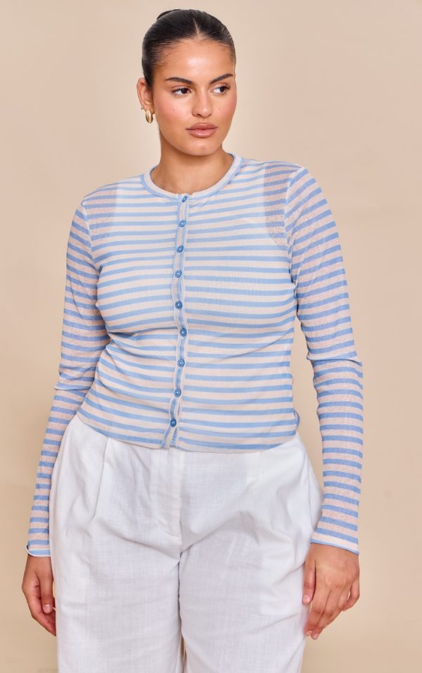 Plus Sky Blue Striped Sheer Button Up Top