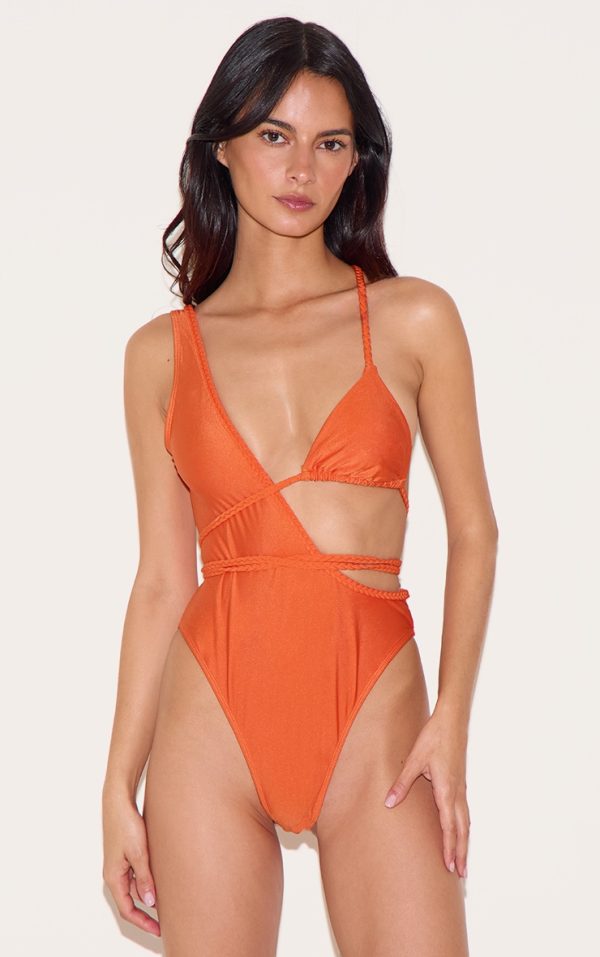 Orange Plait Detail Asymmetric Swimsuit