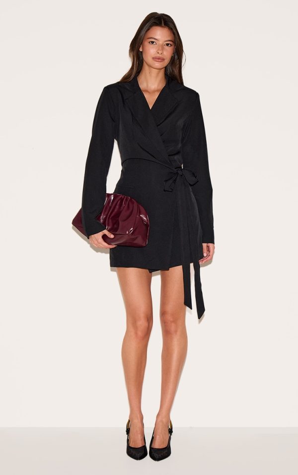 Black Woven Wrap Tie Blazer Dress