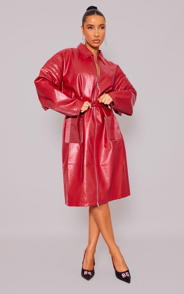 Cherry Red Faux Leather Contrast Panel Belted Coat