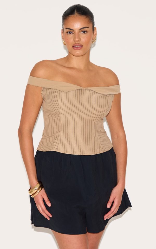 Plus Brown Striped Peach Skin Bardot Long Top