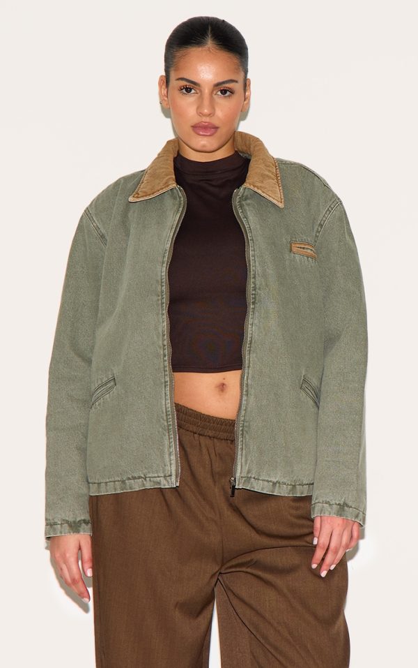 Plus Khaki Zip Up Contrast Collar Denim Jacket