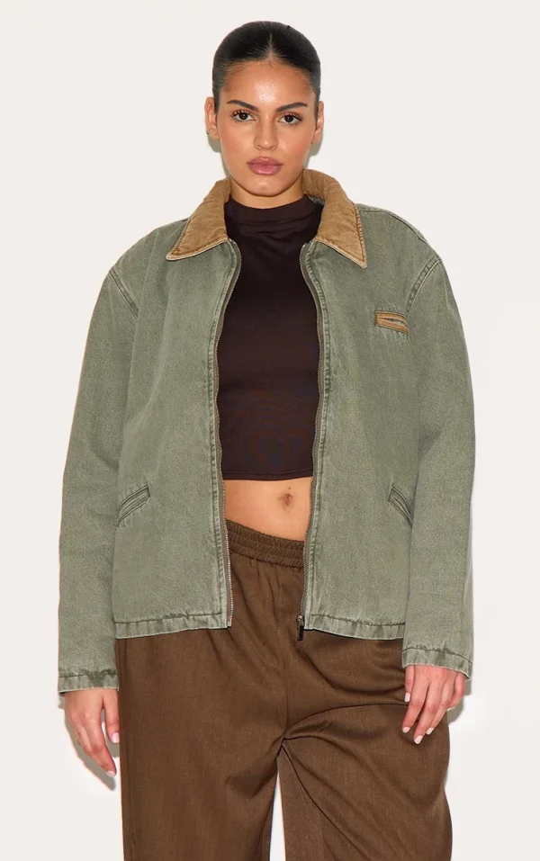 Plus Khaki Zip Up Contrast Collar Denim Jacket