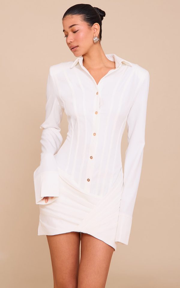 White Structured Woven Wrap Shirt Dress
