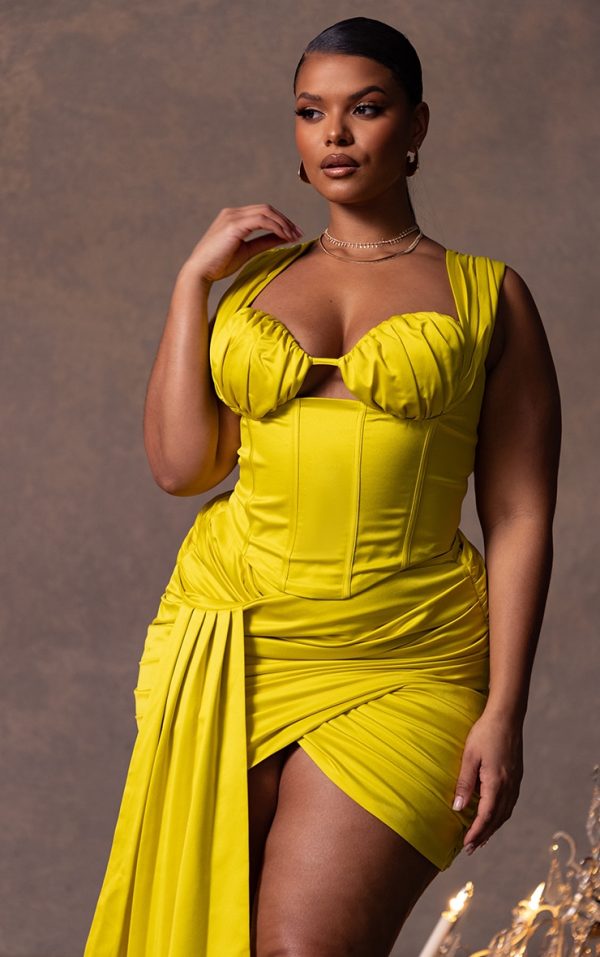 Plus Chartreuse Constructed Satin Ruched Bust Corset