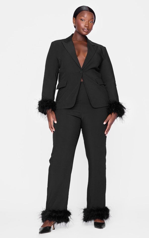Plus Black Feather Trim Tailored Pants