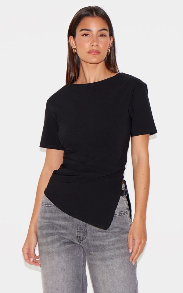 Black Bengaline Ruched Asymmetric Detail Long Top