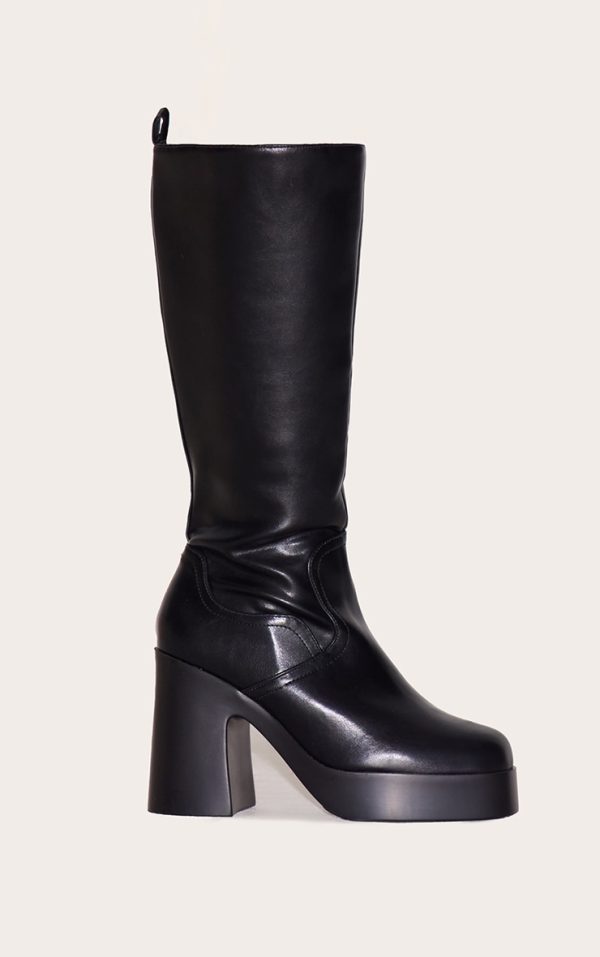 Wide Fit Black Pu Square Toe Block Heeled Slight Platform Knee High Boot