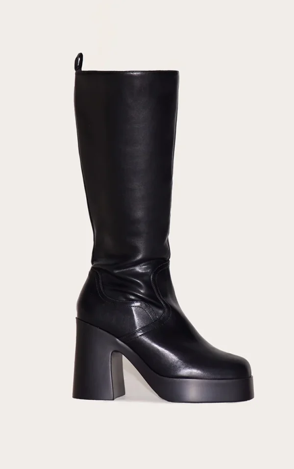 Wide Fit Black Pu Square Toe Block Heeled Slight Platform Knee High Boot