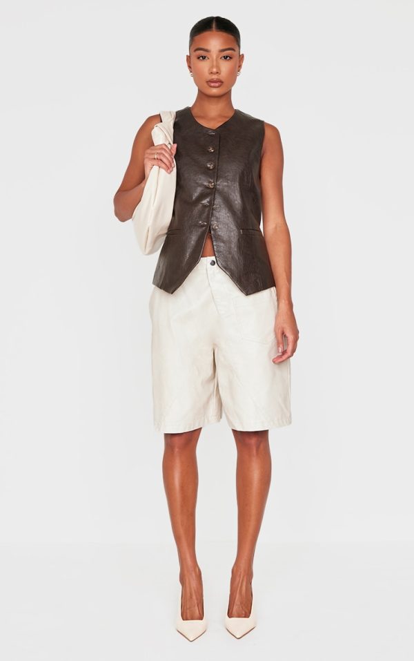 Brown Faux Leather Long Line Button Up Vest