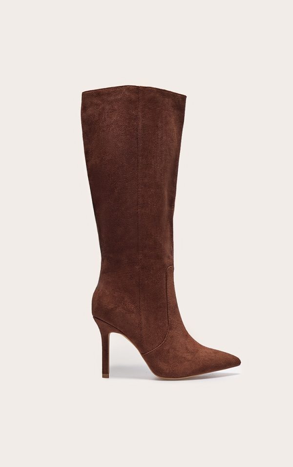 Chocolate Faux Suede Wide Fit Point Toe Basket Weave Knee High Boots