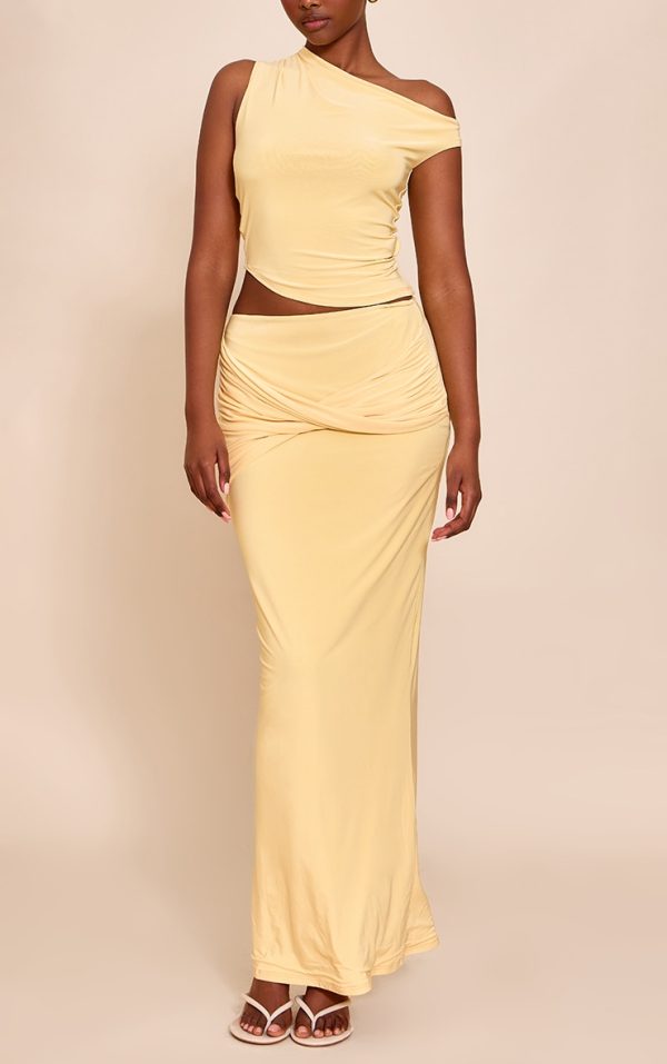 Butter Yellow Double Layered Slinky Twist Drape Maxi Skirt