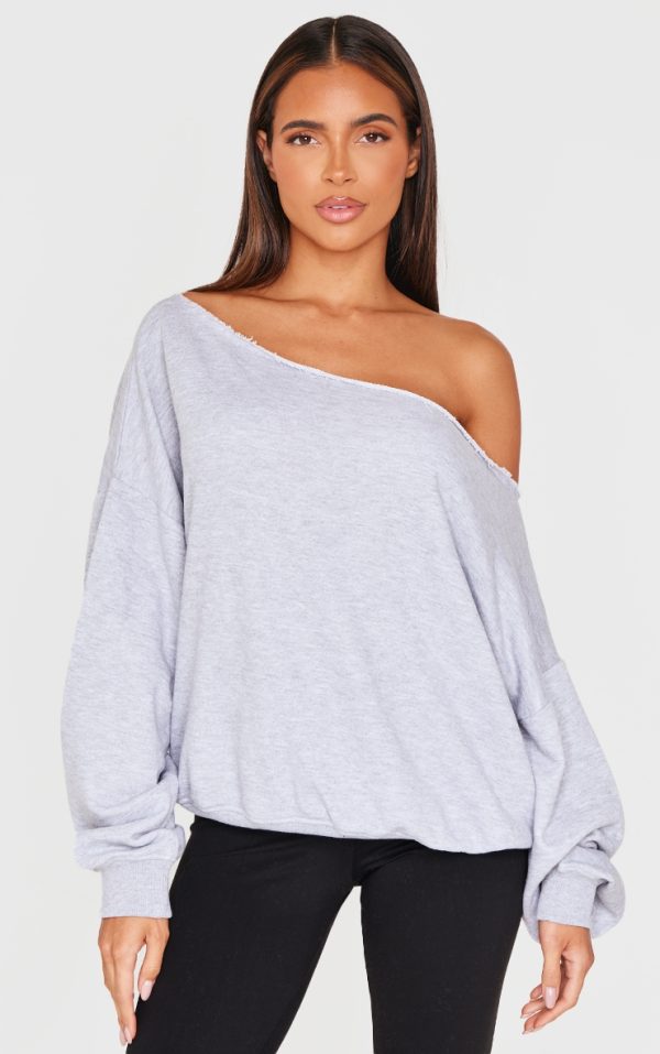 Grey Marl Oversized Off Shoulder Sweatshirt