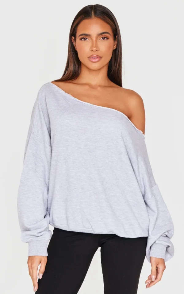 Grey Marl Oversized Off Shoulder Sweatshirt